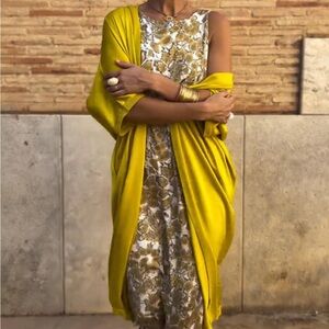 Yellow Gold Sheath Maxi Dress with Cardigan